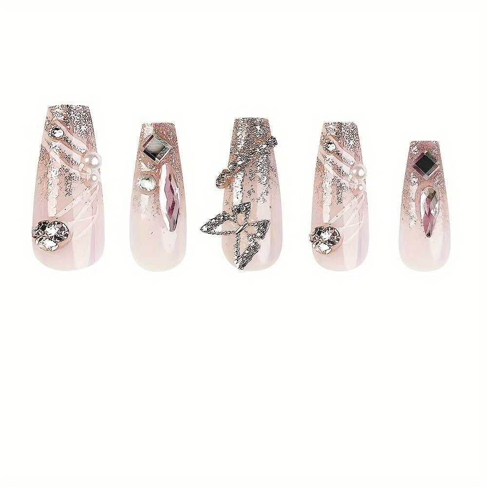 Handmade Glossy Long Coffin Press On Nails Pinkish French Style