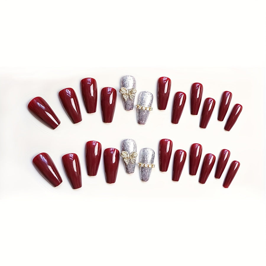 Coffin Glossy Wine Red False Nails