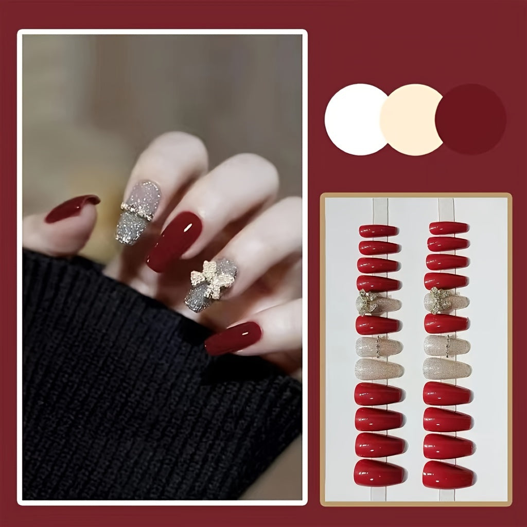 Coffin Glossy Wine Red False Nails