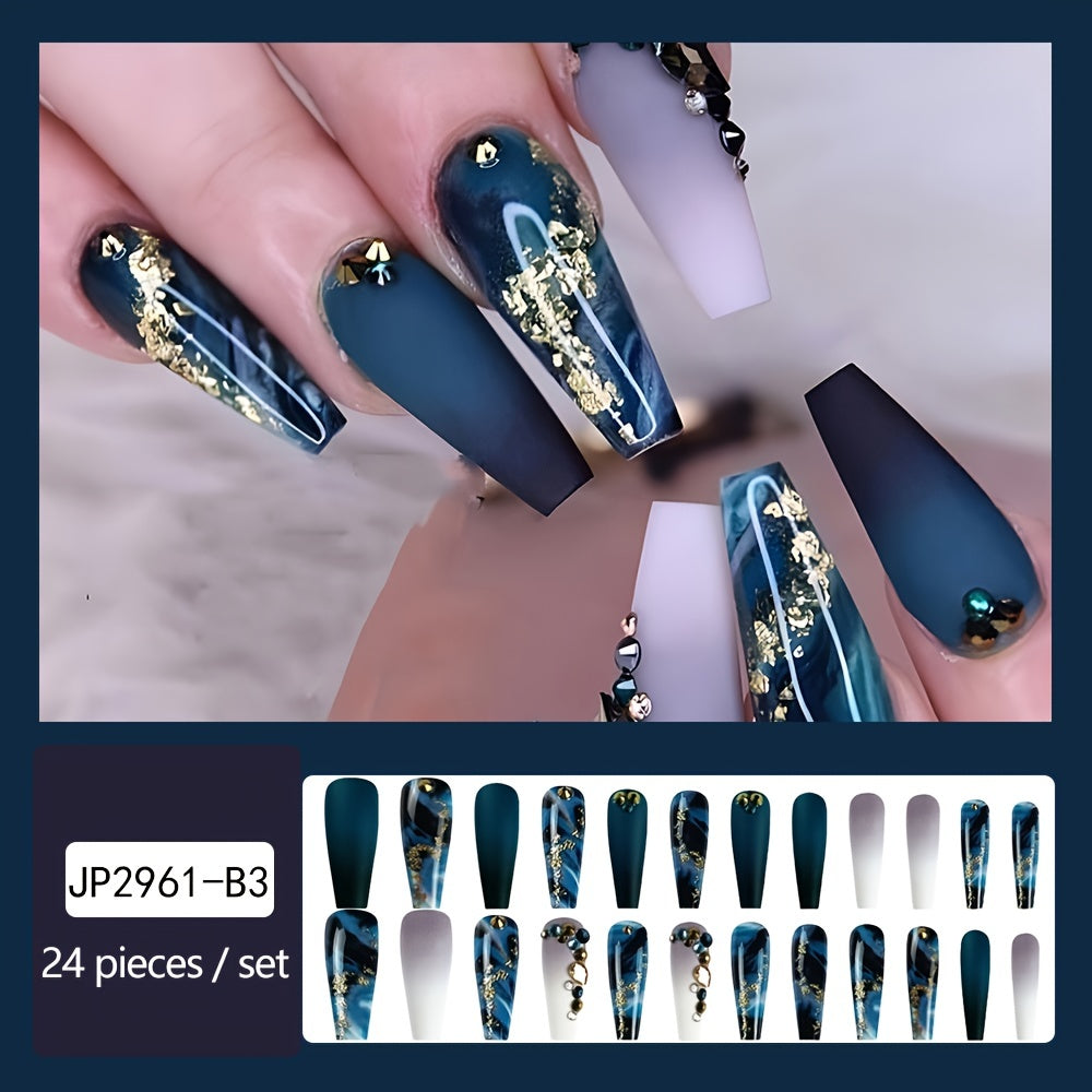 Long Marbled Fake Nails Rhinestone Coffin Dark Green