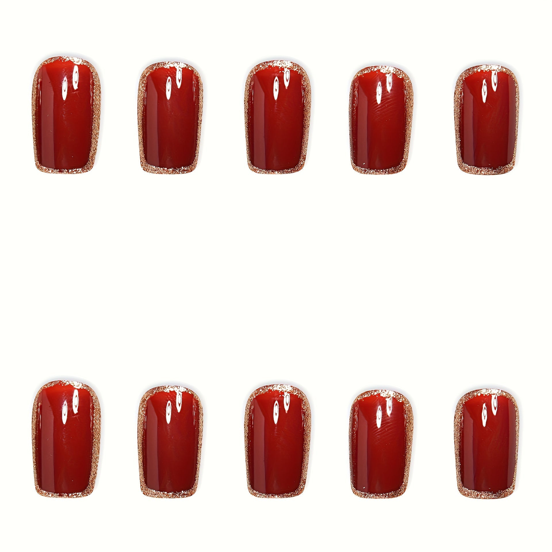 Elegant Red & Golden Square Shape, Medium Length Nails