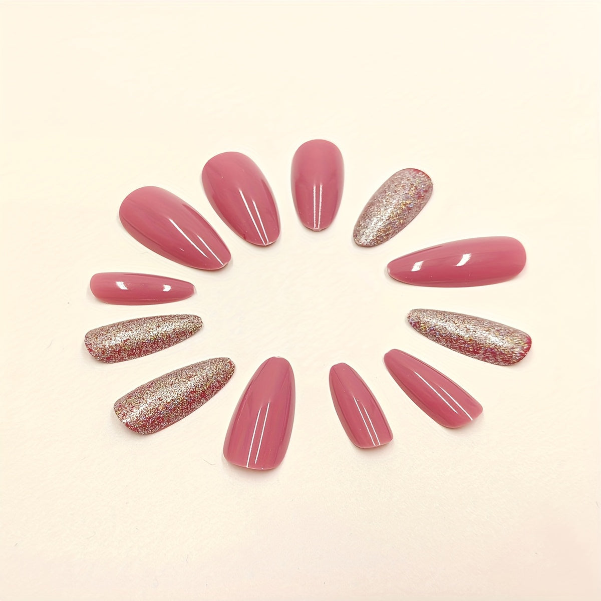 Medium Almond in Peach Pink with Glitter Accent Nails