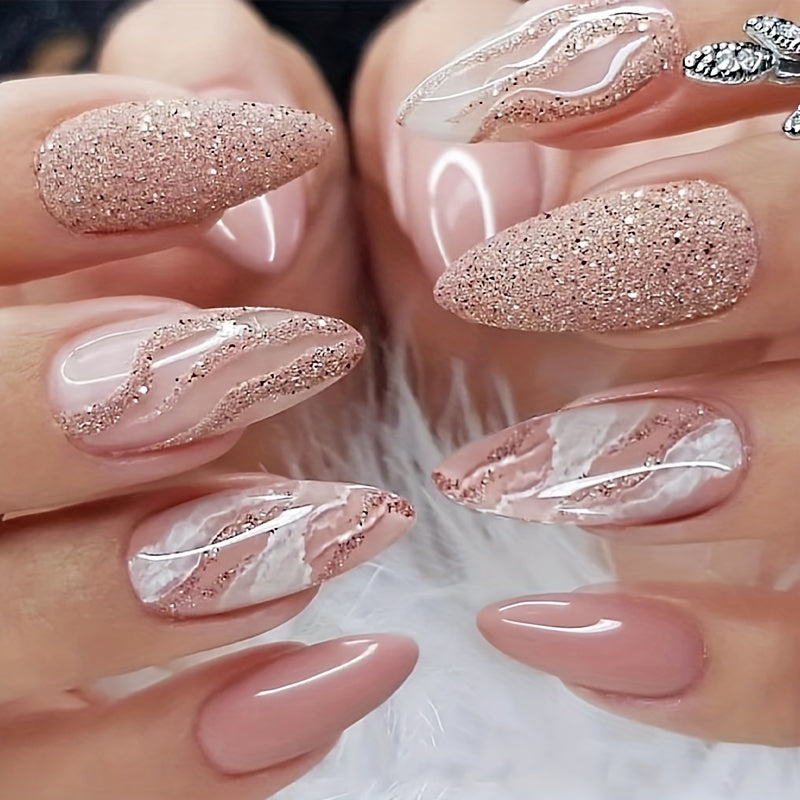 Pink Glitter Almond Medium Length Nails
