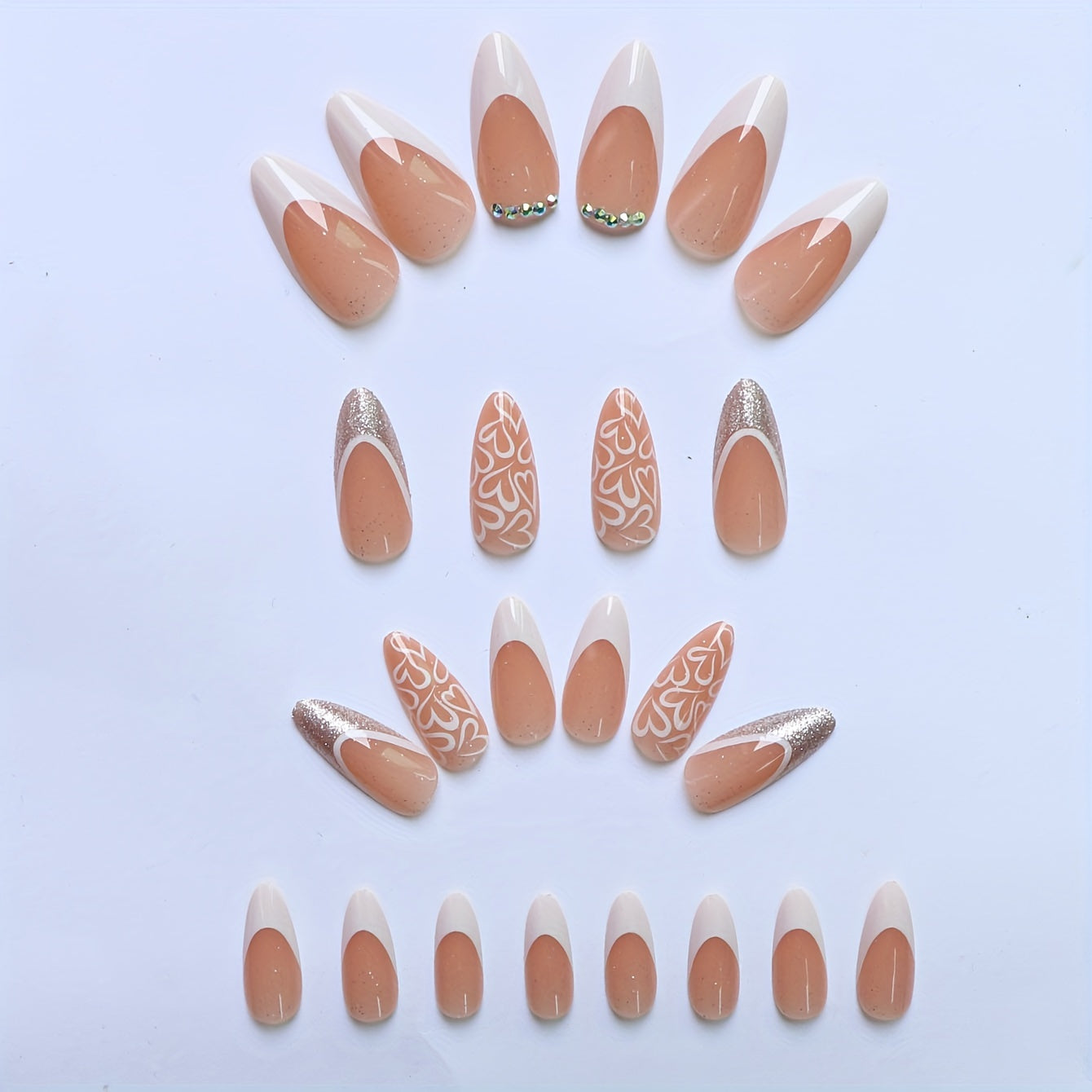 Medium Almond Shaped French White Edge Heart Nail Tips