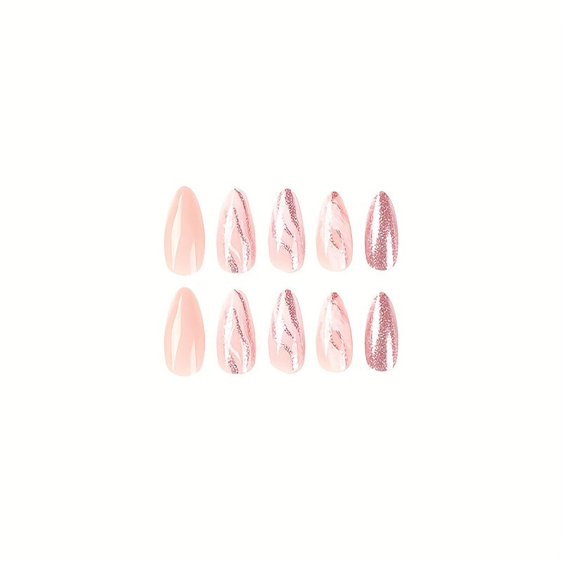 Pink Glitter Almond Medium Length Nails