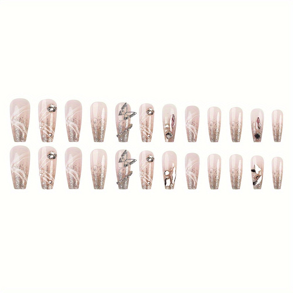 Handmade Glossy Long Coffin Press On Nails Pinkish French Style