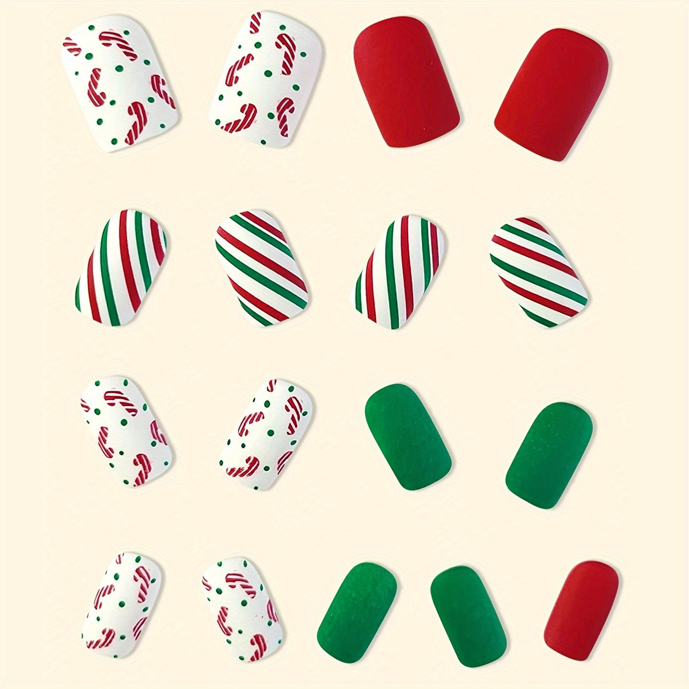 Holiday Matte Red & Green Nail Art with Candy Cane Accents