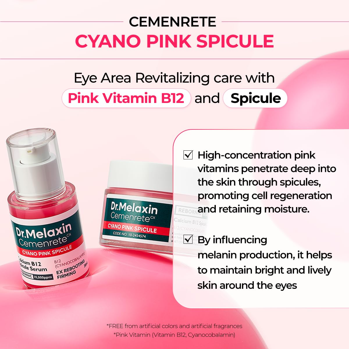 Dr.Melaxin Cemenrete Cyano Pink Spicule Cream with Calcium, Vitamin B12 for under eyes skin, Dark Circles, Fine Lines, Puffiness&Eye Bags Cream, 1.69 fl. oz.