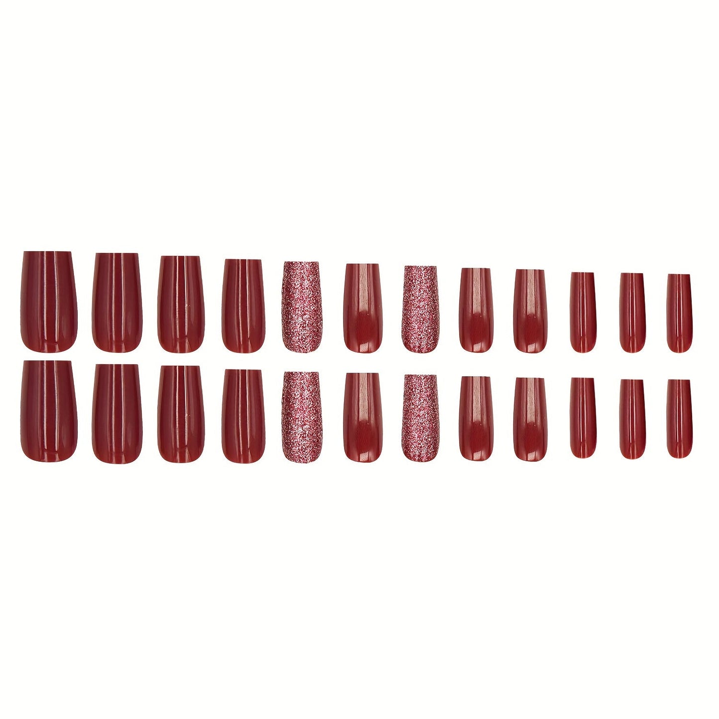Glitter Burgundy , Long Coffin Shape Fake Nails