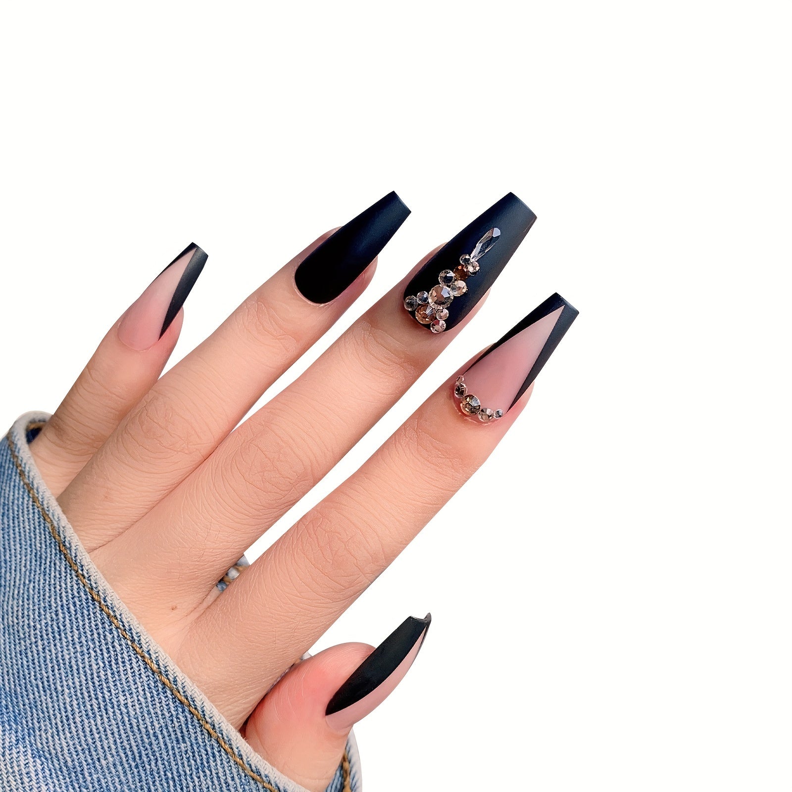 Long Luxury Rhinestone Fake Nails β Black French Tips
