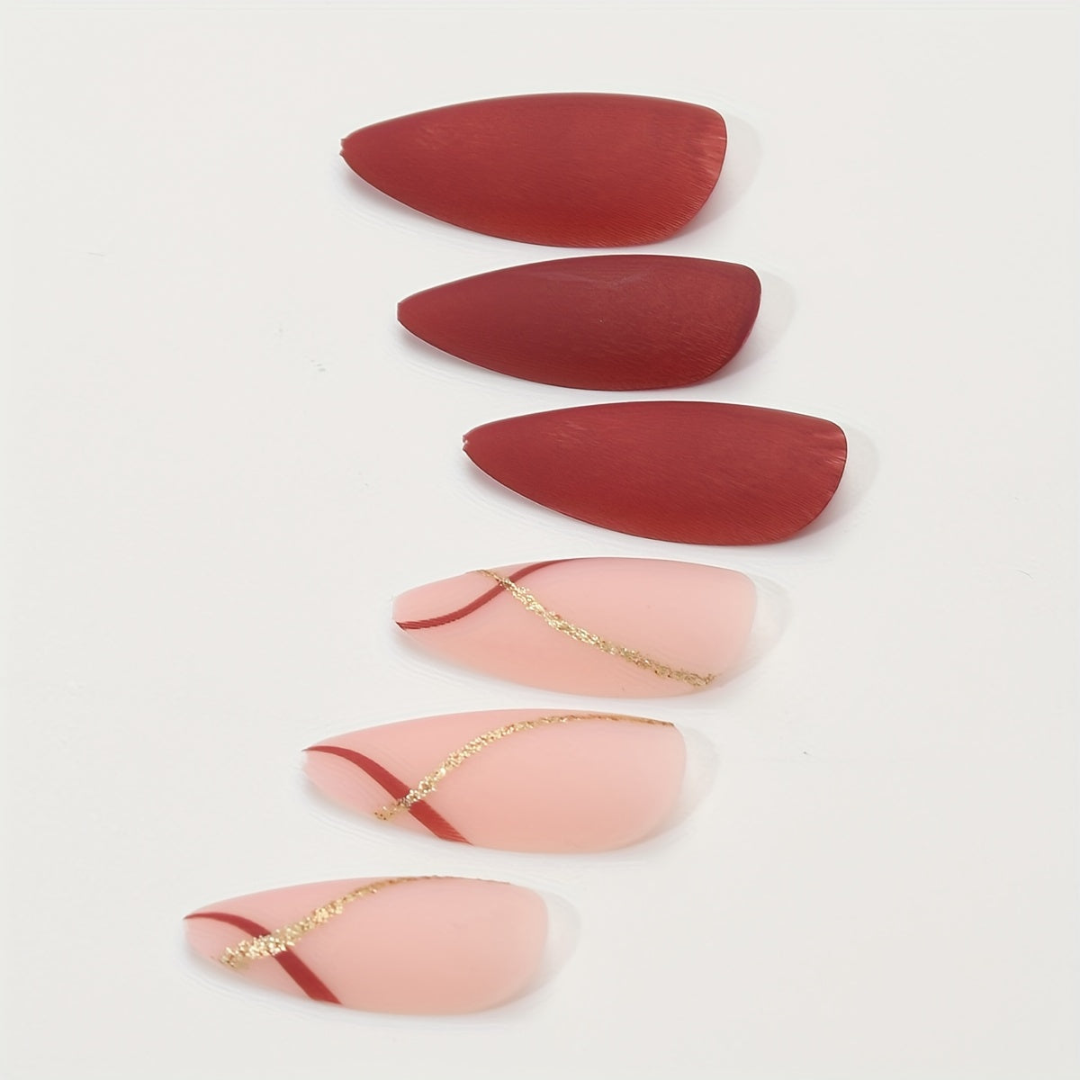 Matte Medium Red Nails Golden Glitter Line Design