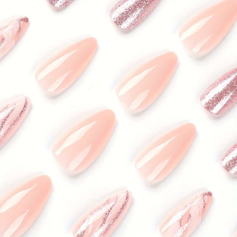 Pink Glitter Almond Medium Length Nails