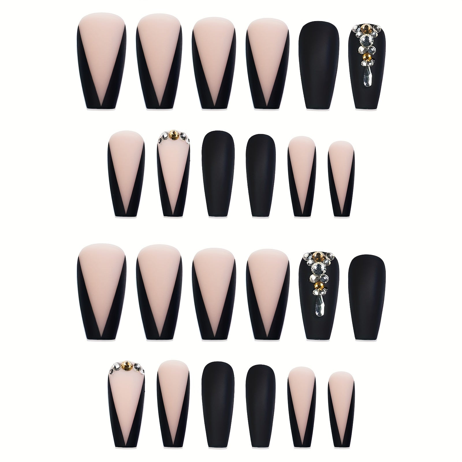 Long Luxury Rhinestone Fake Nails β Black French Tips