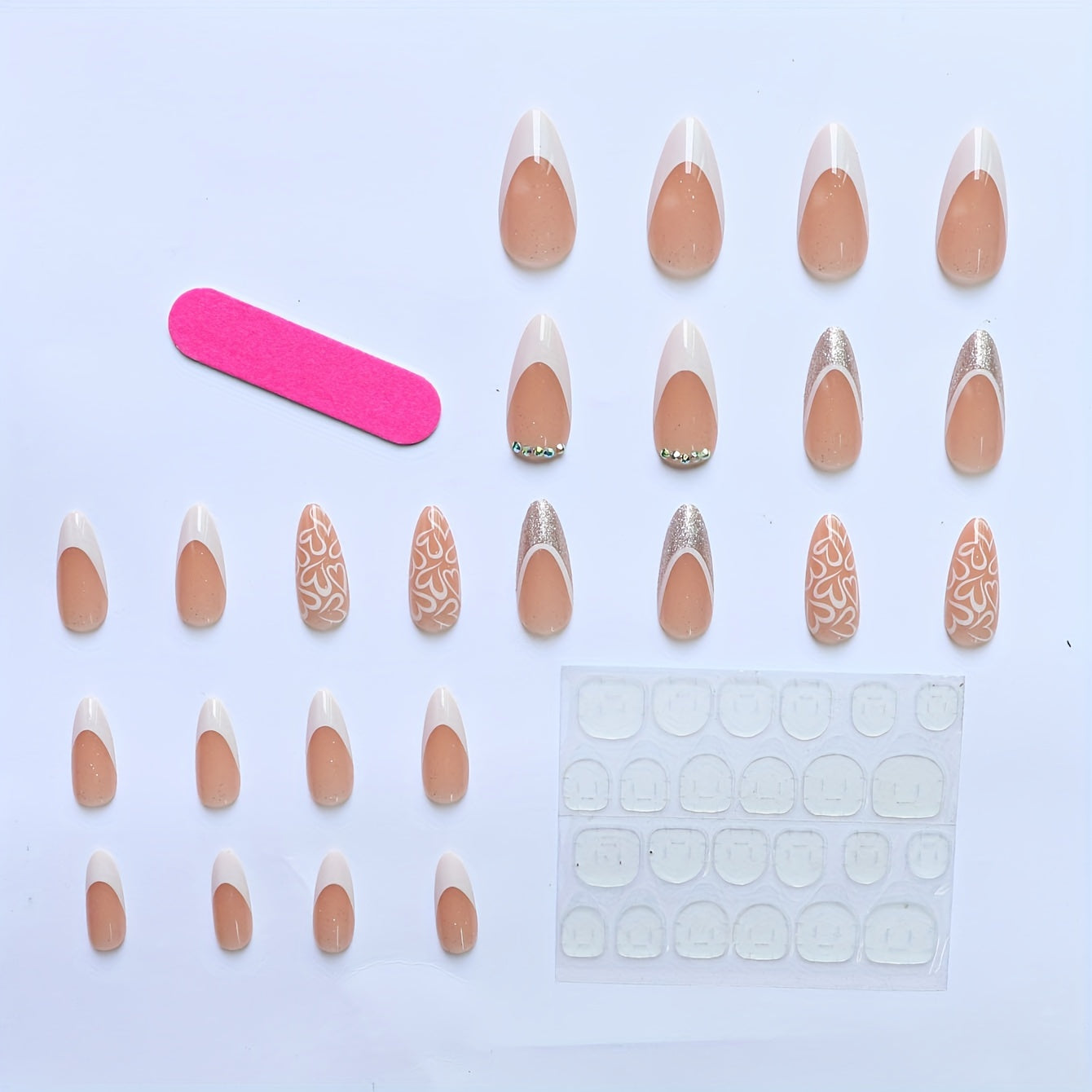 Medium Almond Shaped French White Edge Heart Nail Tips