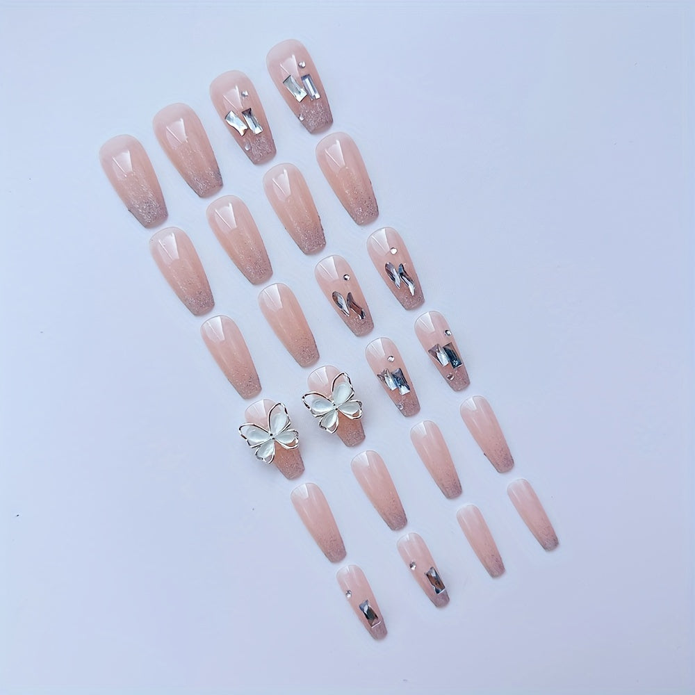 Long, Glittery Cat Eye & Rhinestone Butterfly Design Nails