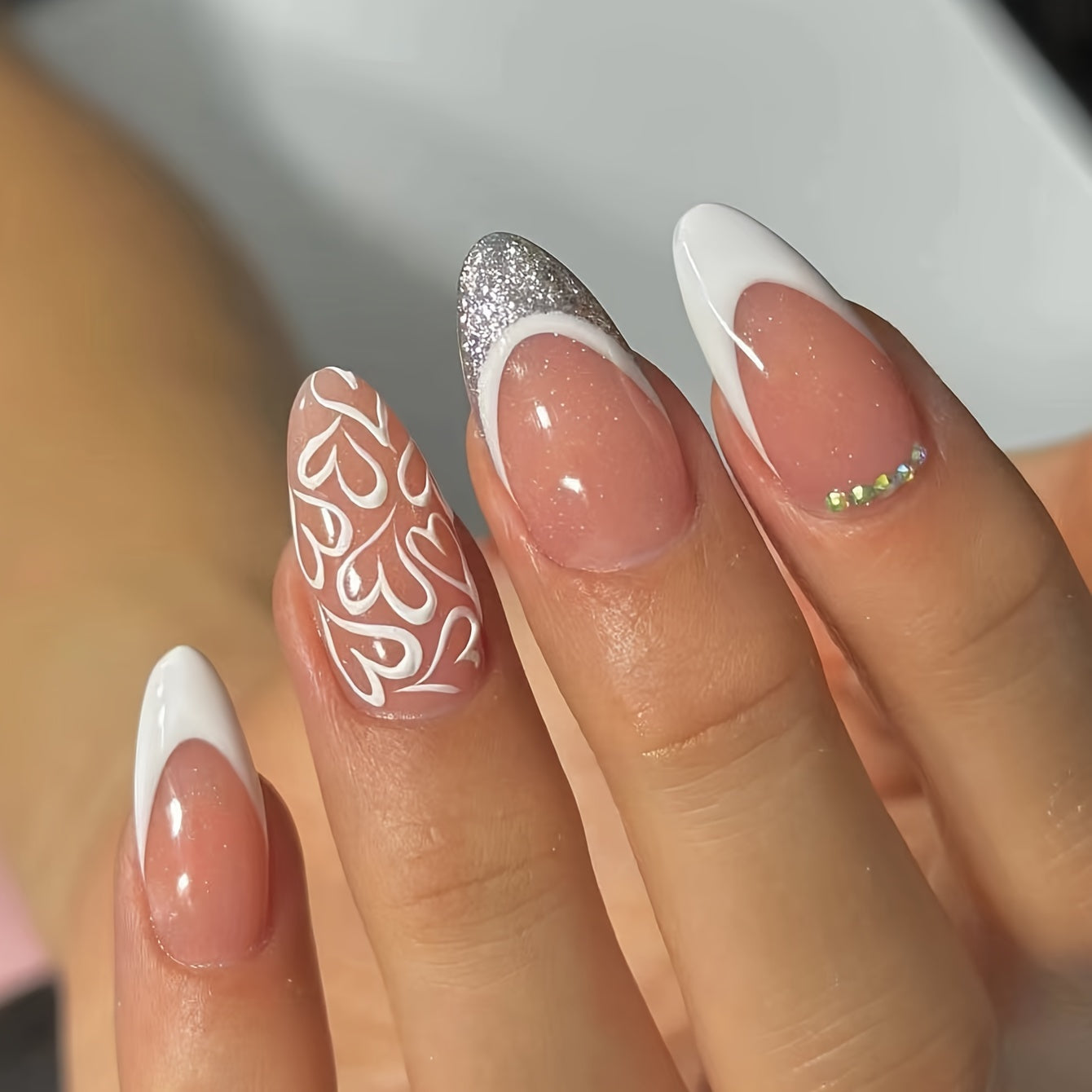 Medium Almond Shaped French White Edge Heart Nail Tips