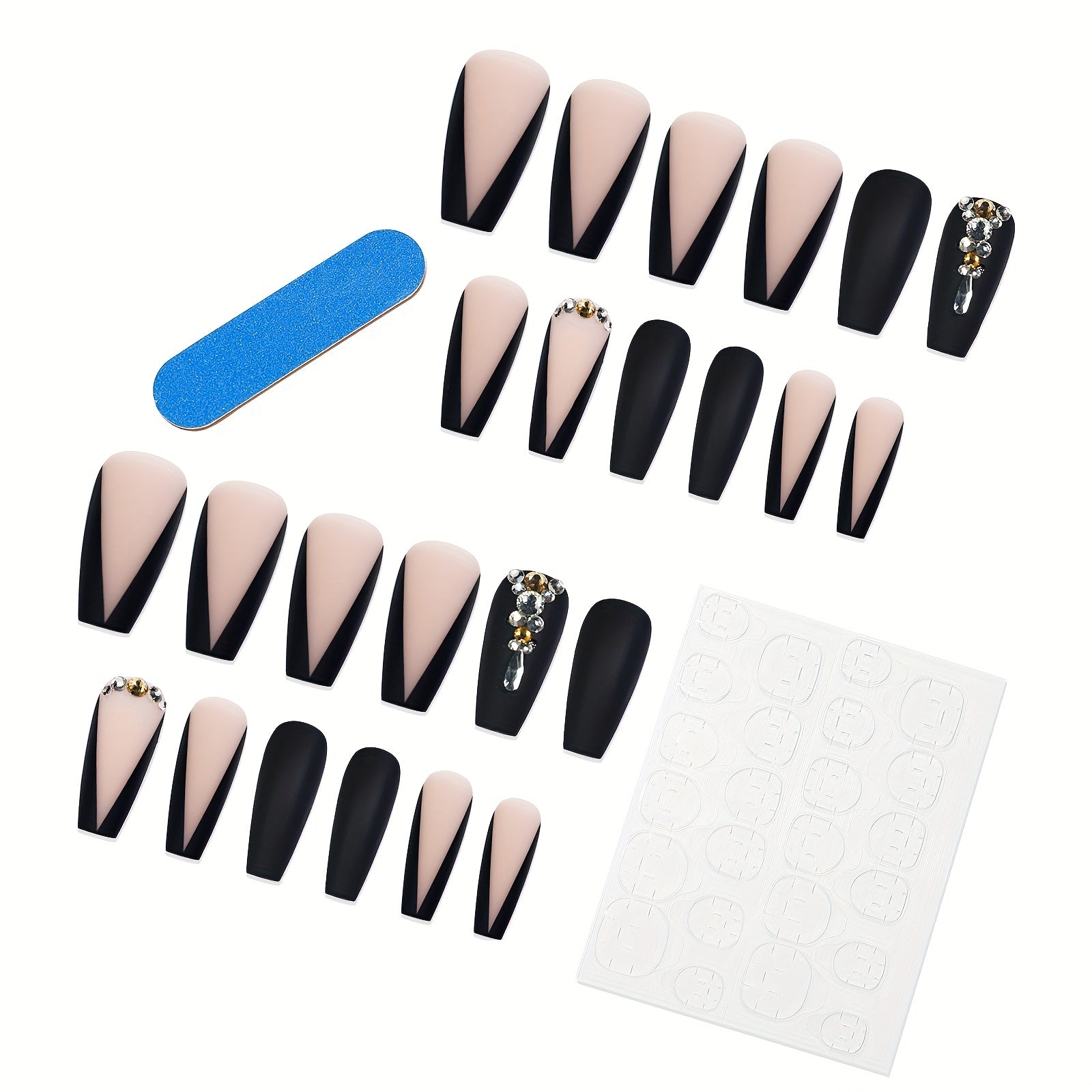 Long Luxury Rhinestone Fake Nails β Black French Tips