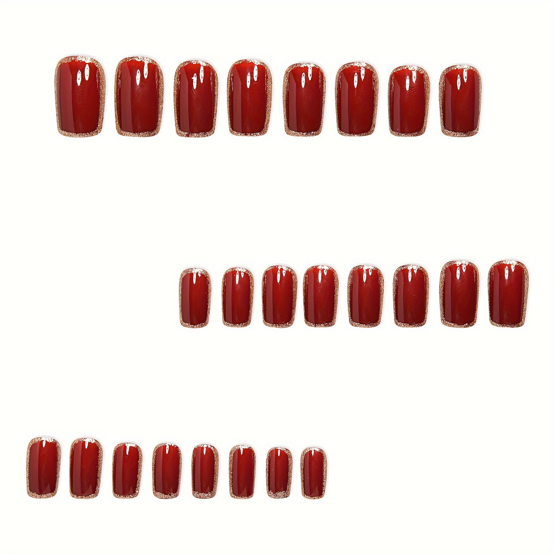 Elegant Red & Golden Square Shape, Medium Length Nails