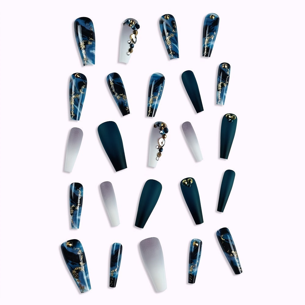 Long Marbled Fake Nails Rhinestone Coffin Dark Green