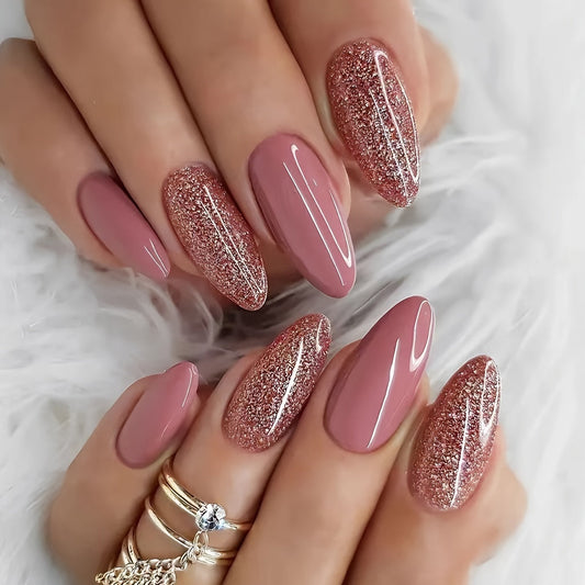 Medium Almond in Peach Pink with Glitter Accent Nails