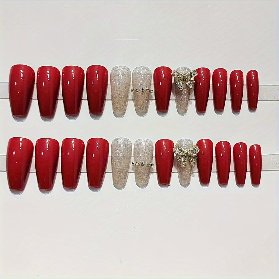 Coffin Glossy Wine Red False Nails