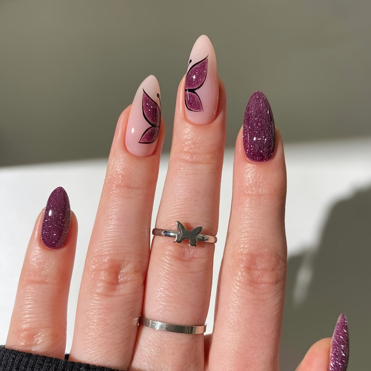 Almond Purple Butterfly Glitter Nails