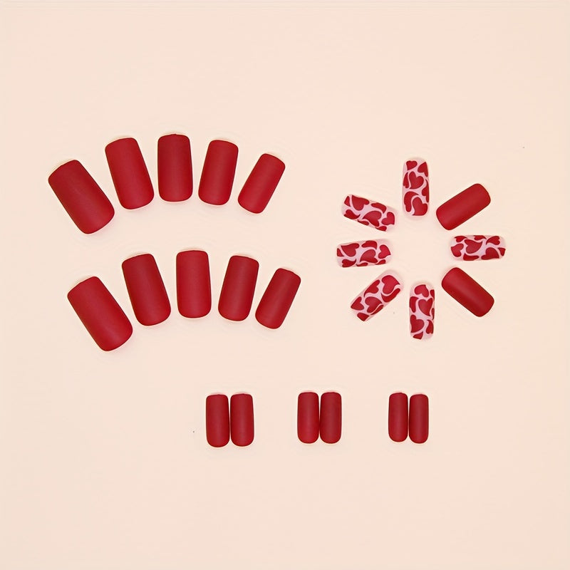 Medium Length Square Matte Sexy Red Heart Design Nails