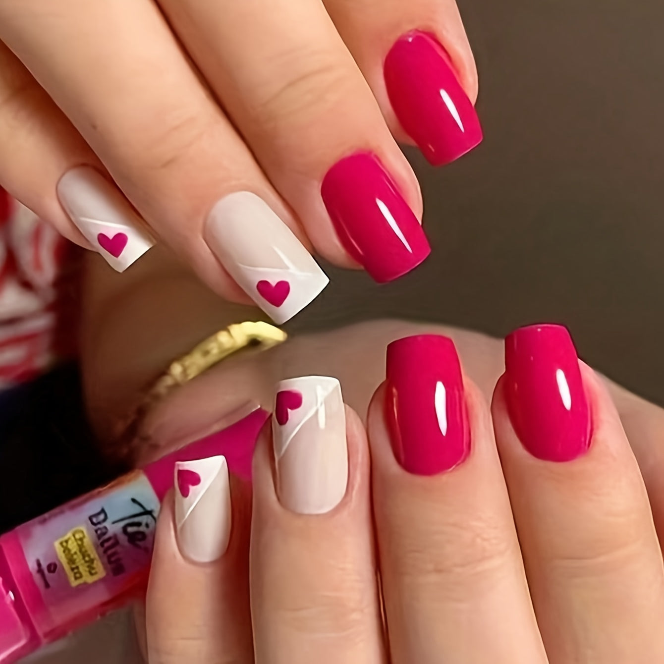 Rose Pink with Heart Design, White French Tip