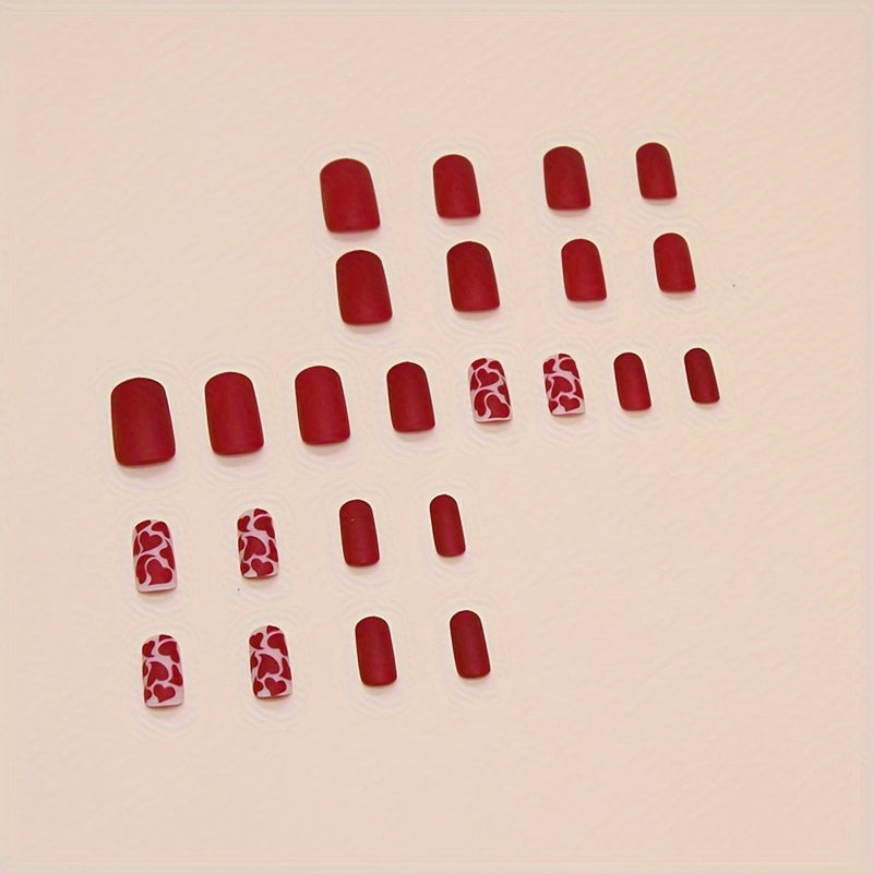 Medium Length Square Matte Sexy Red Heart Design Nails