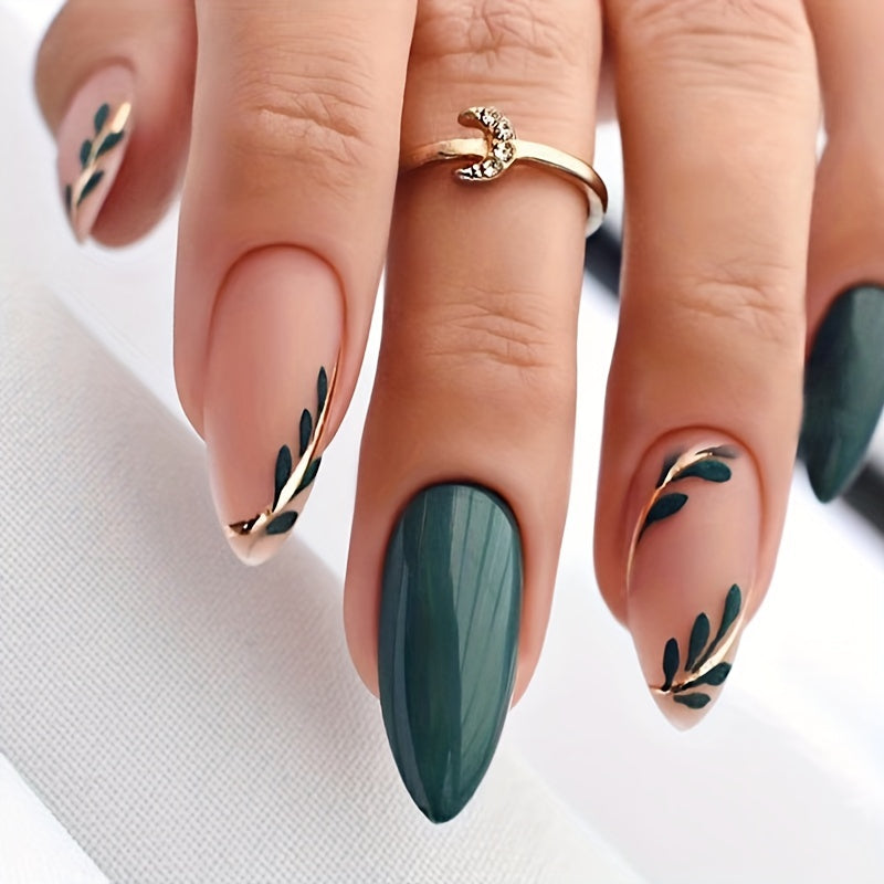 Green Leaves And Golden Line Design Nails