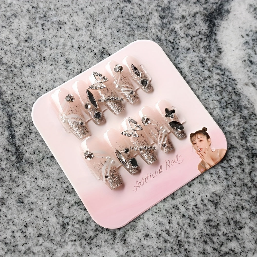 Handmade Glossy Long Coffin Press On Nails Pinkish French Style