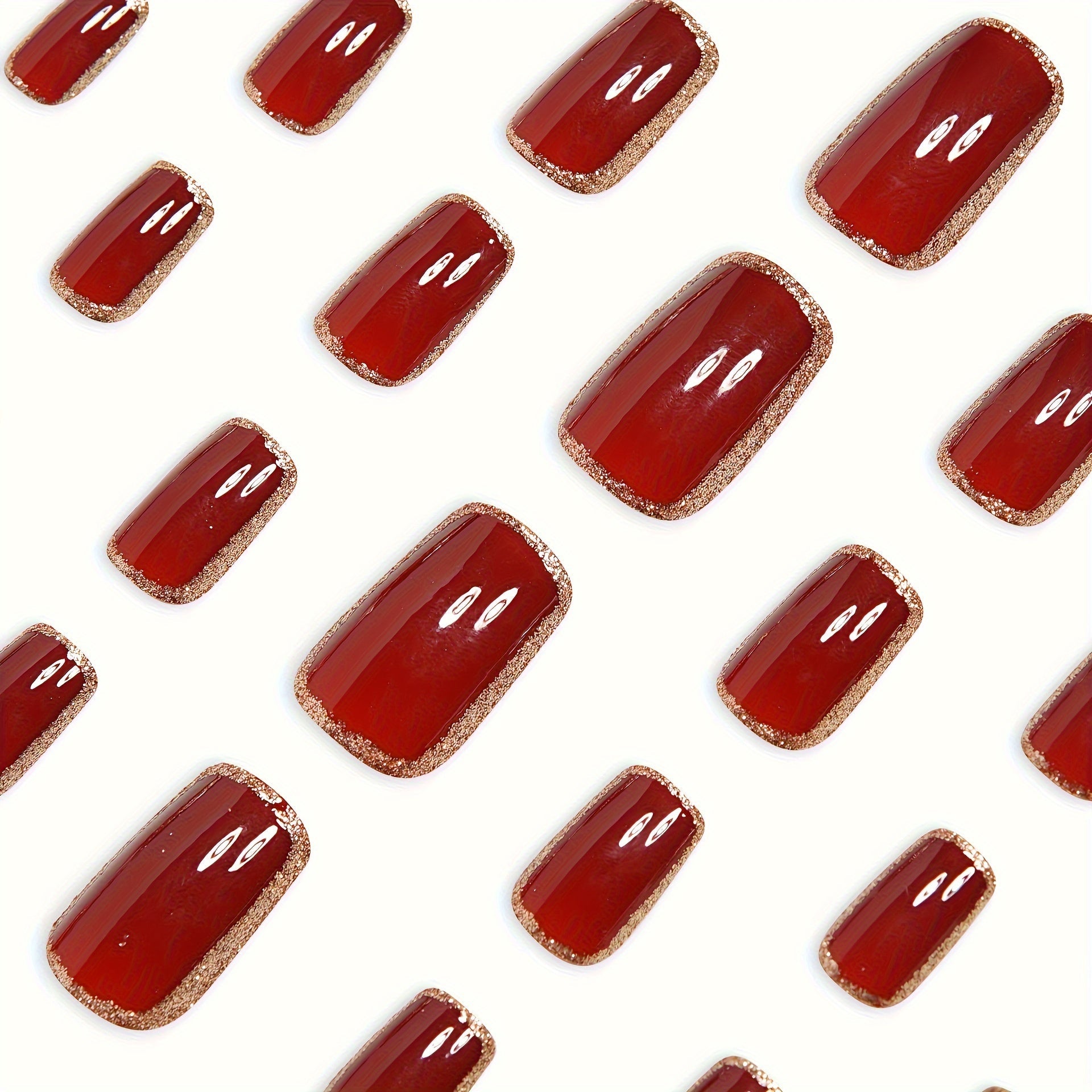 Elegant Red & Golden Square Shape, Medium Length Nails
