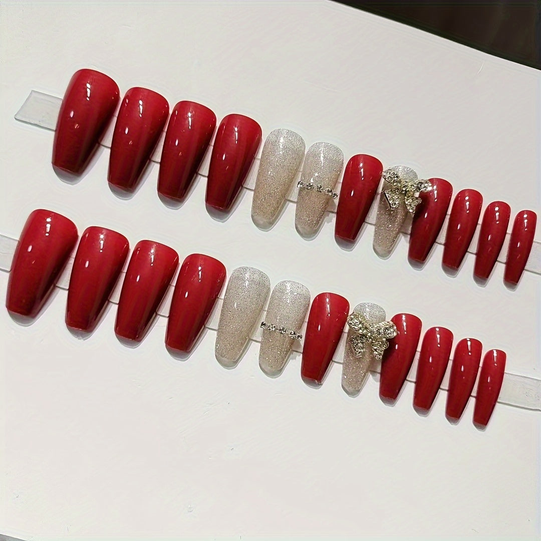 Coffin Glossy Wine Red False Nails