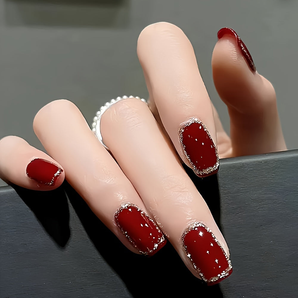 Elegant Red & Golden Square Shape, Medium Length Nails
