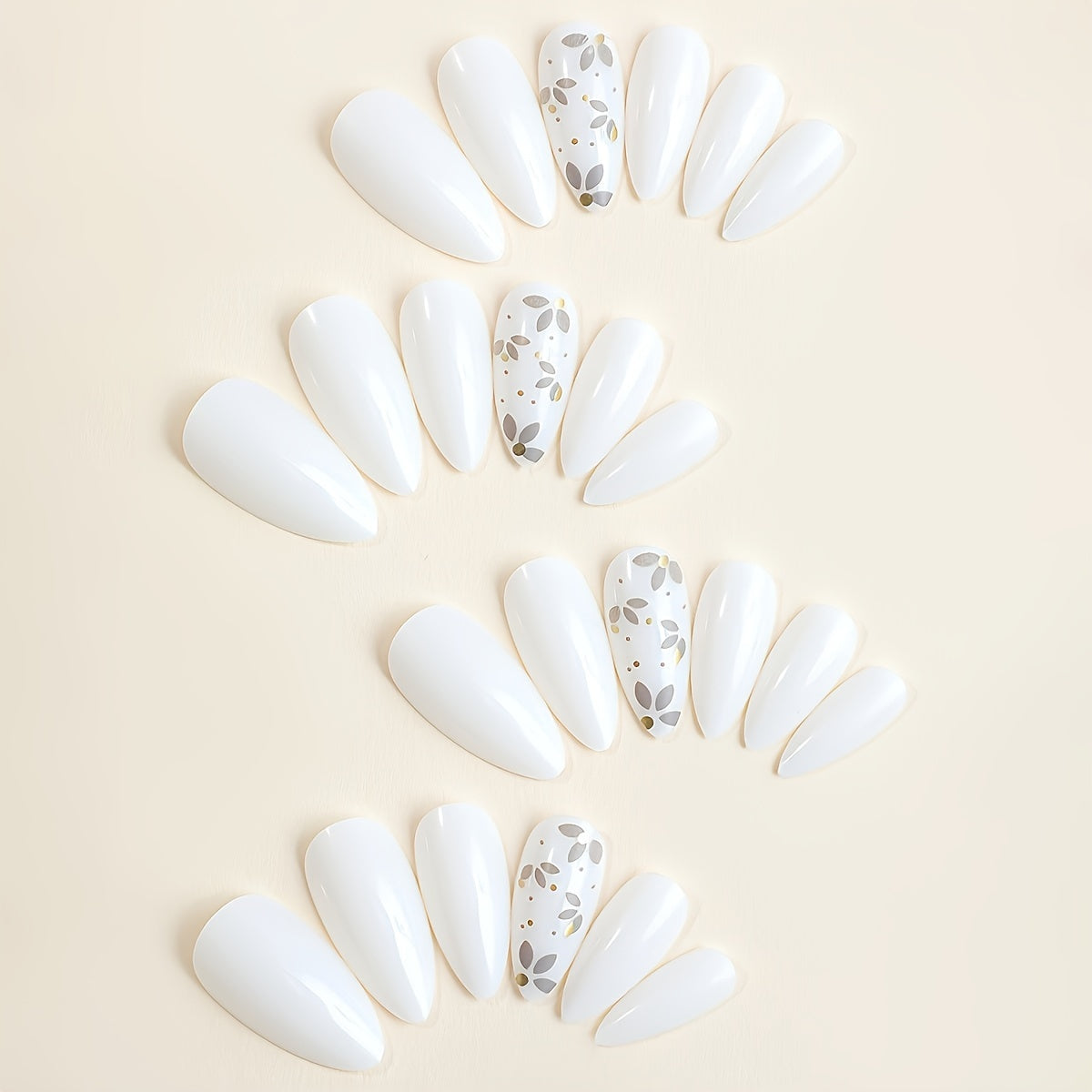 Almond Shape Nails - White Solid Color With Flower Design